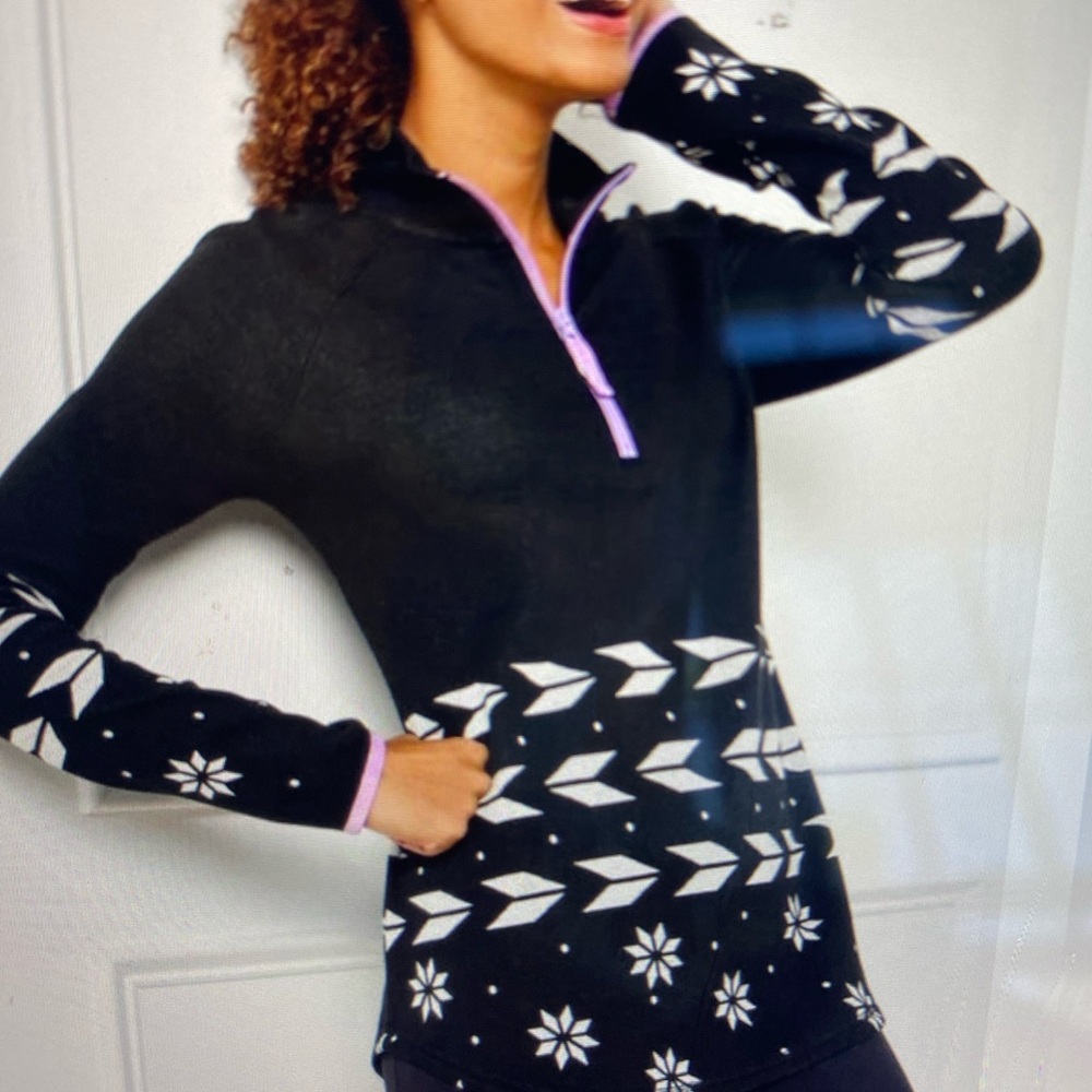 Talbots 1/4 Zip Aztec Black and White Pullover with Purple Trim.  Size 2 Petite